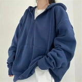 Women's Loose Mid-Length Plus Fleece Hooded Jacket-Royal-1