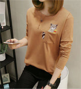 Women's Long Sleeve Tee with Pocket and Cat Design-Khaki-1