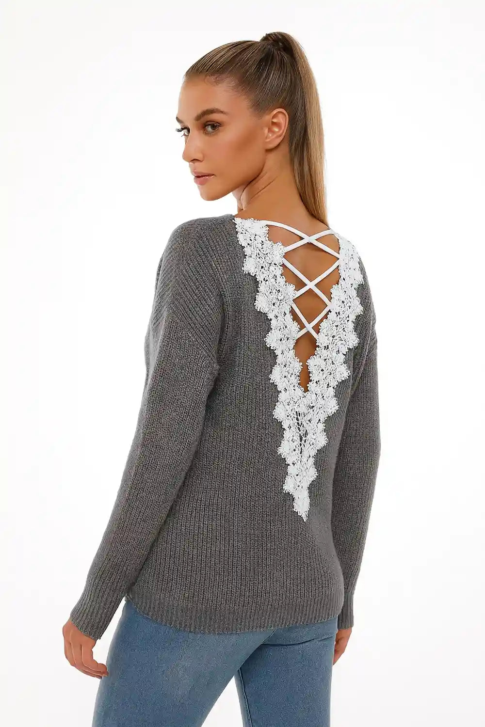 Women’s gray knit sweater with white lace-back detail – elegant open-back top