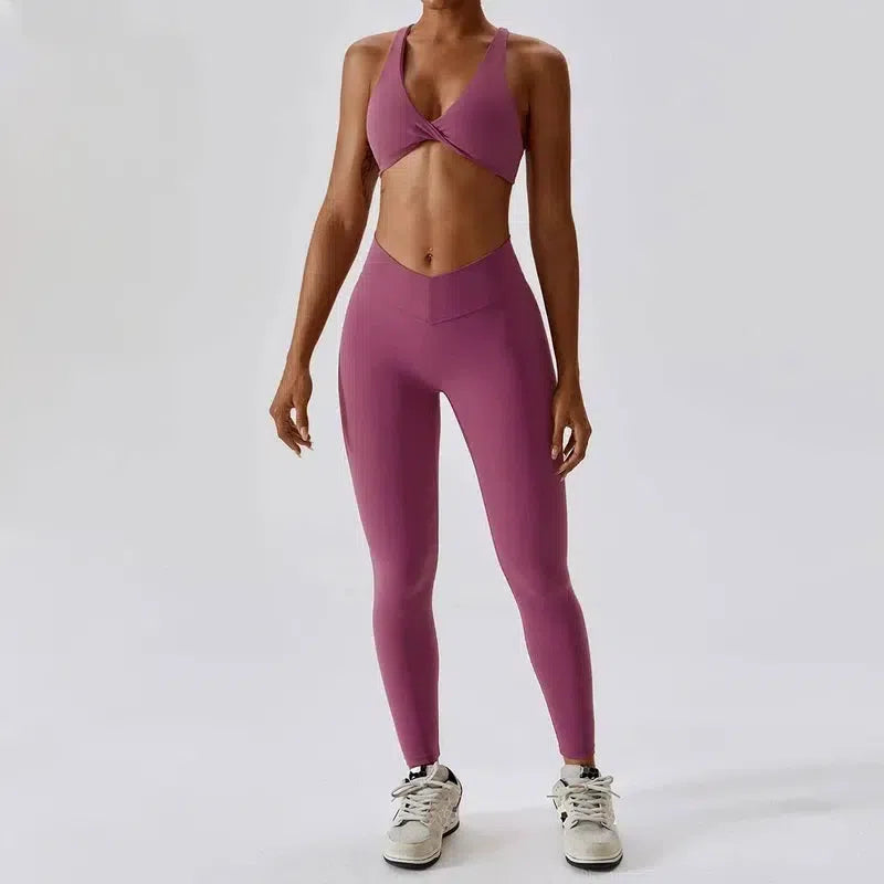 Women Yoga Clothing Sets Athletic Wear High Waist Leggings-Crimson Purple -1-1